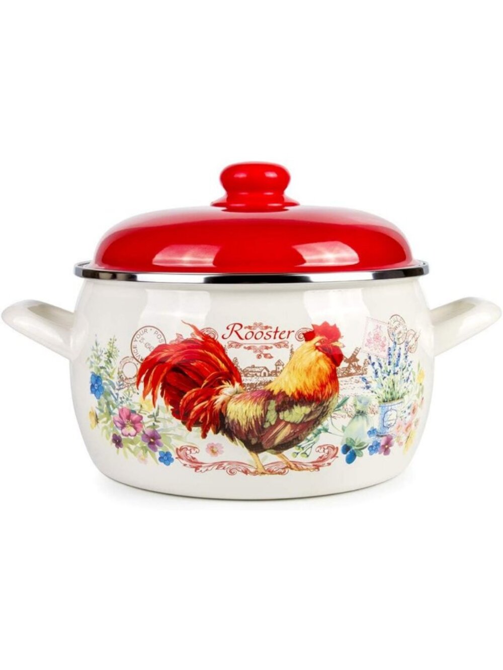 3.1-qt Enamel Stock Pot with Lid - Colorful Rooster Design, Durable Cooking Pot